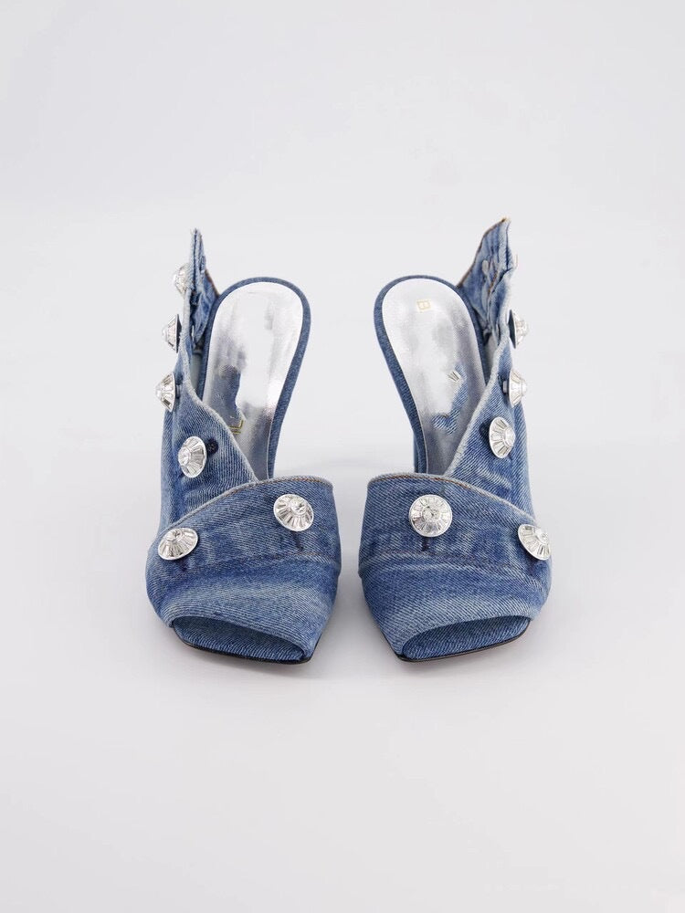 Women's Stiletto Heel Square Toe Denim Metal Rivets