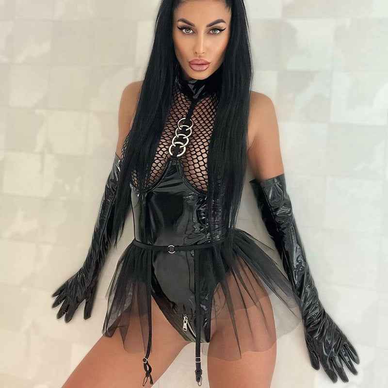 Sexy Patent Leather One Piece Mesh Backless See through Sexy Lingerie Set