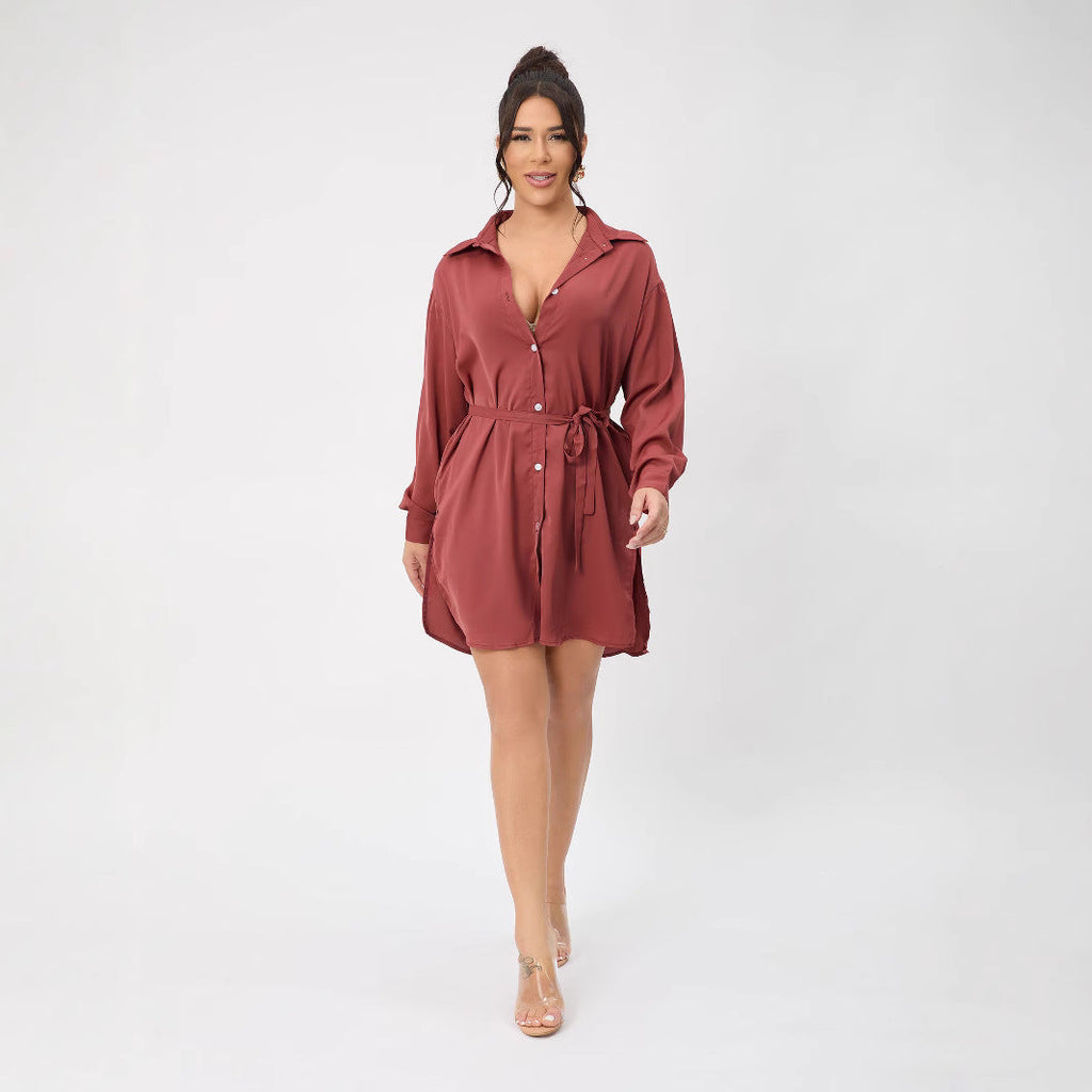 Casual Long Sleeve Women Clothing Long Shirt Collar Belt Two Piece Shorts Sets Women Spring
