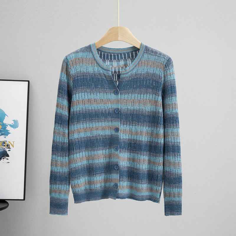 Striped Long Sleeved Loose Knitted Cardigan Sweater