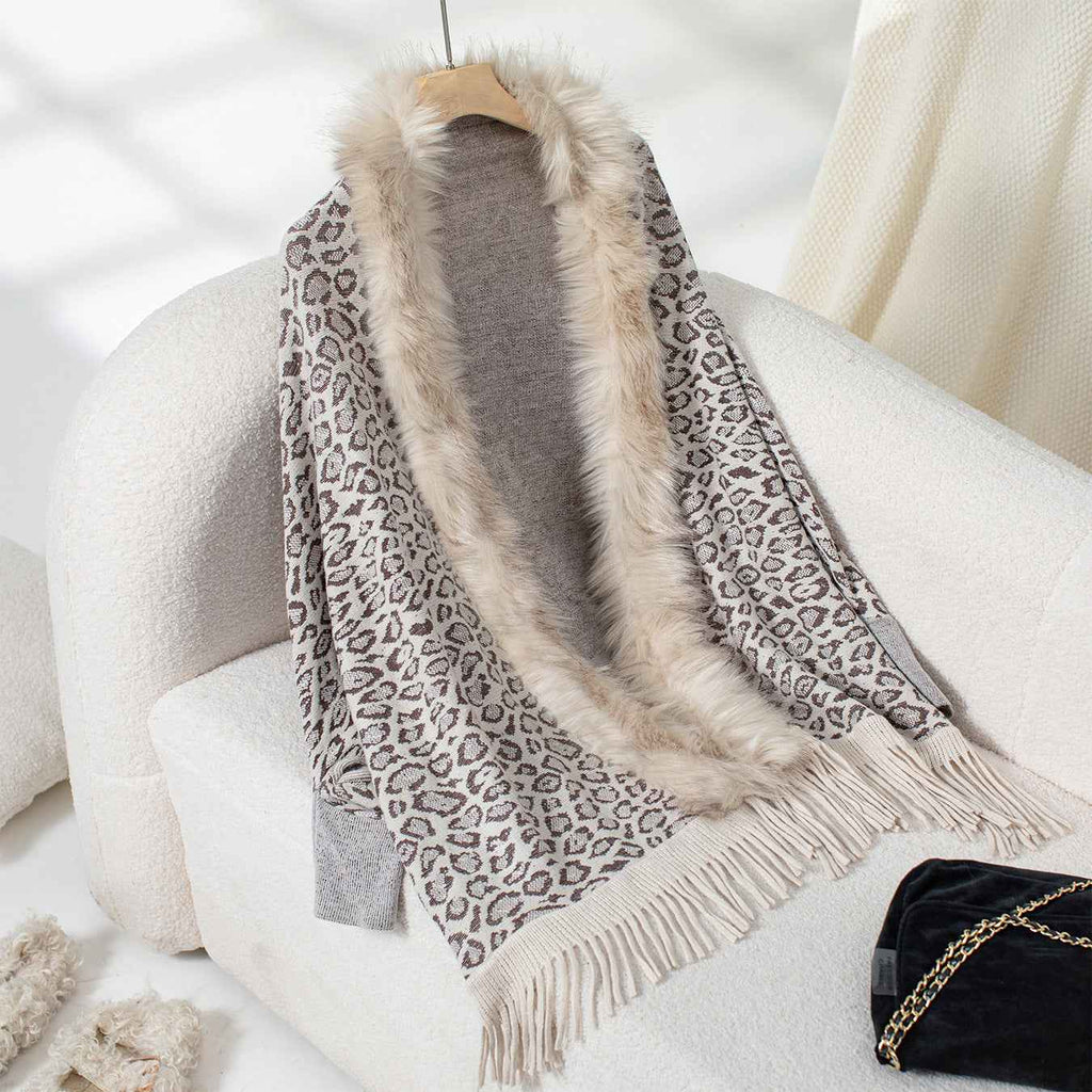 Leopard Print Fur Collar Loose Batwing Sleeve Sweater Cape Cardigan Women (one size fits all)