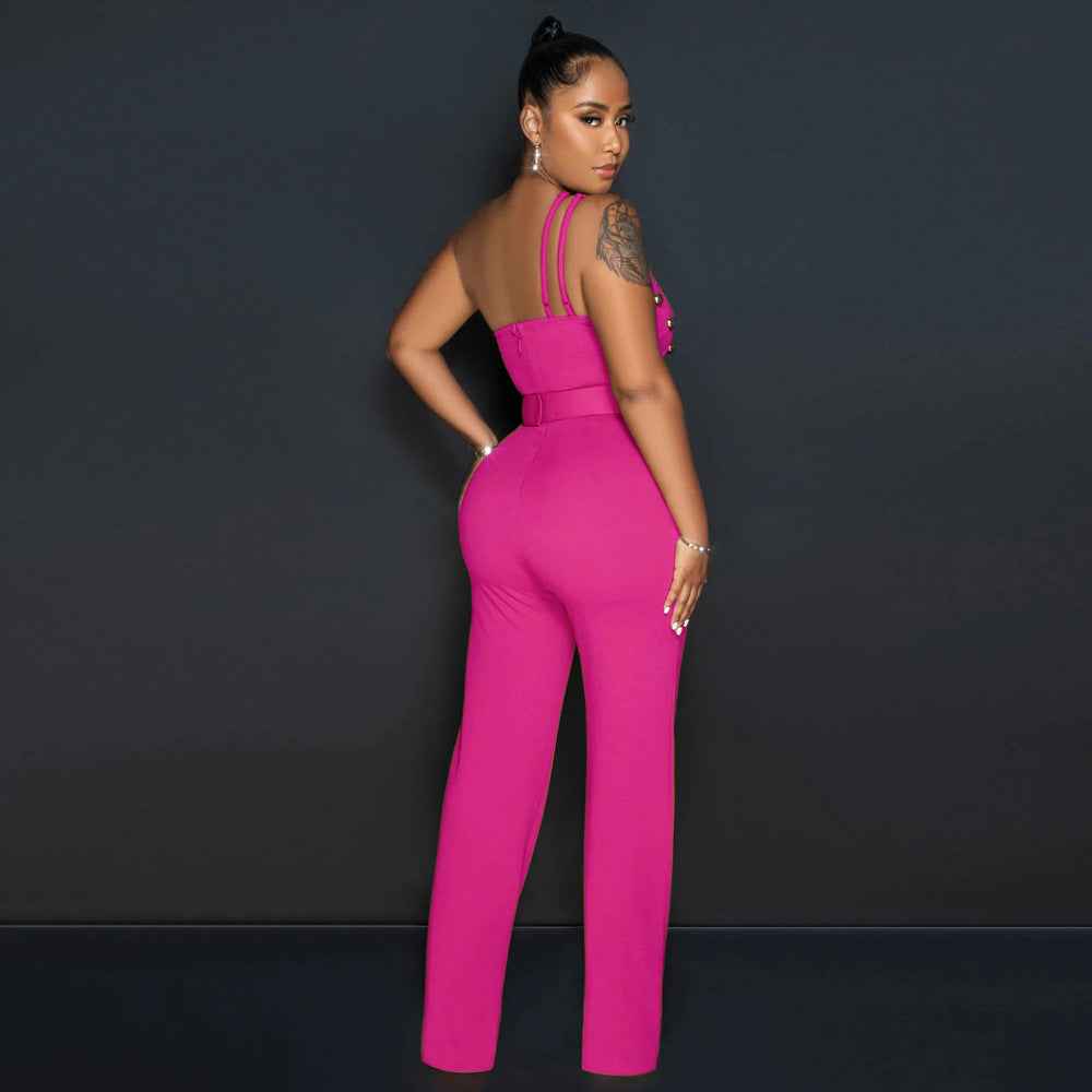 Elegant Solid Color Jumpsuit Slim Fit One Shoulder