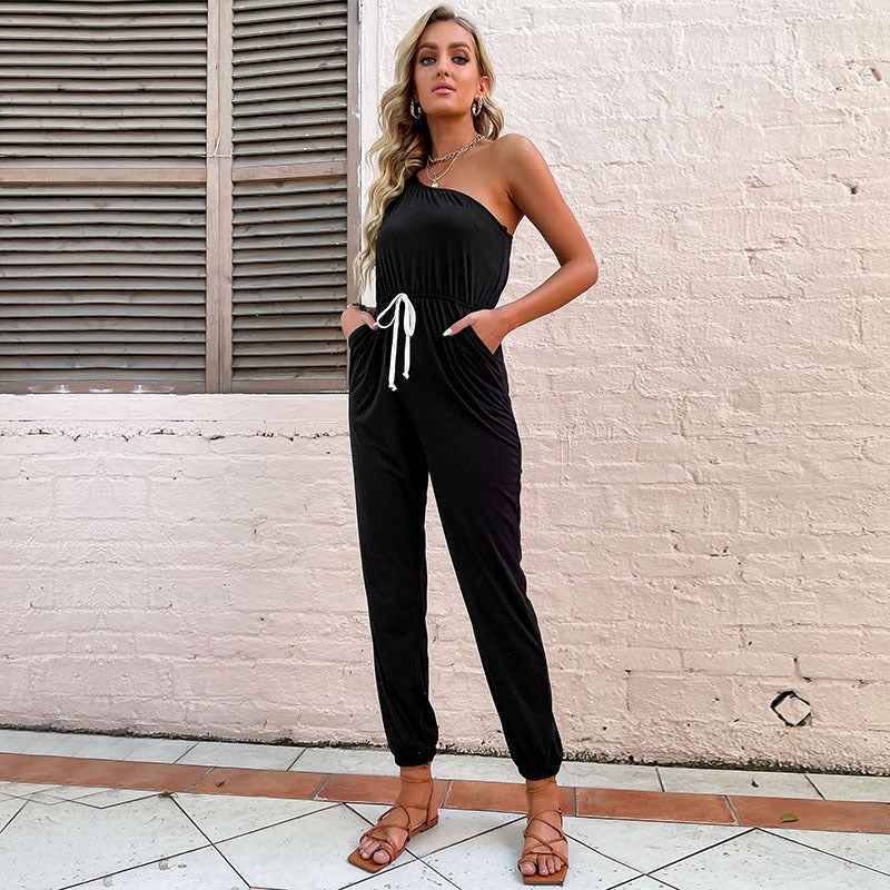 Summer New Black Drawstring High Waist One Shoulder Jumpsuit