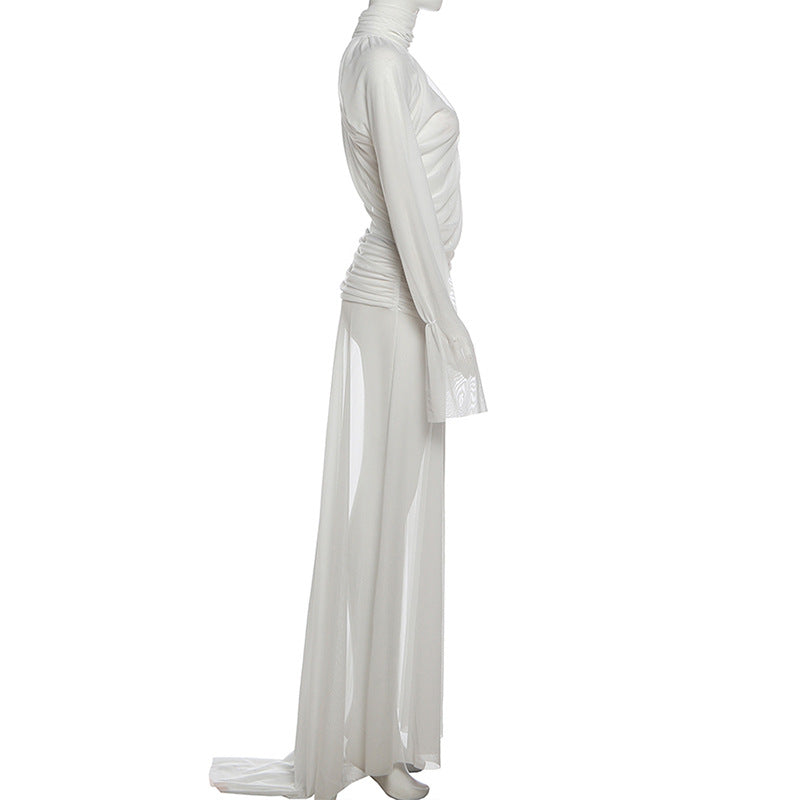 See through Turtle Bell Sleeve Split Skirt Set