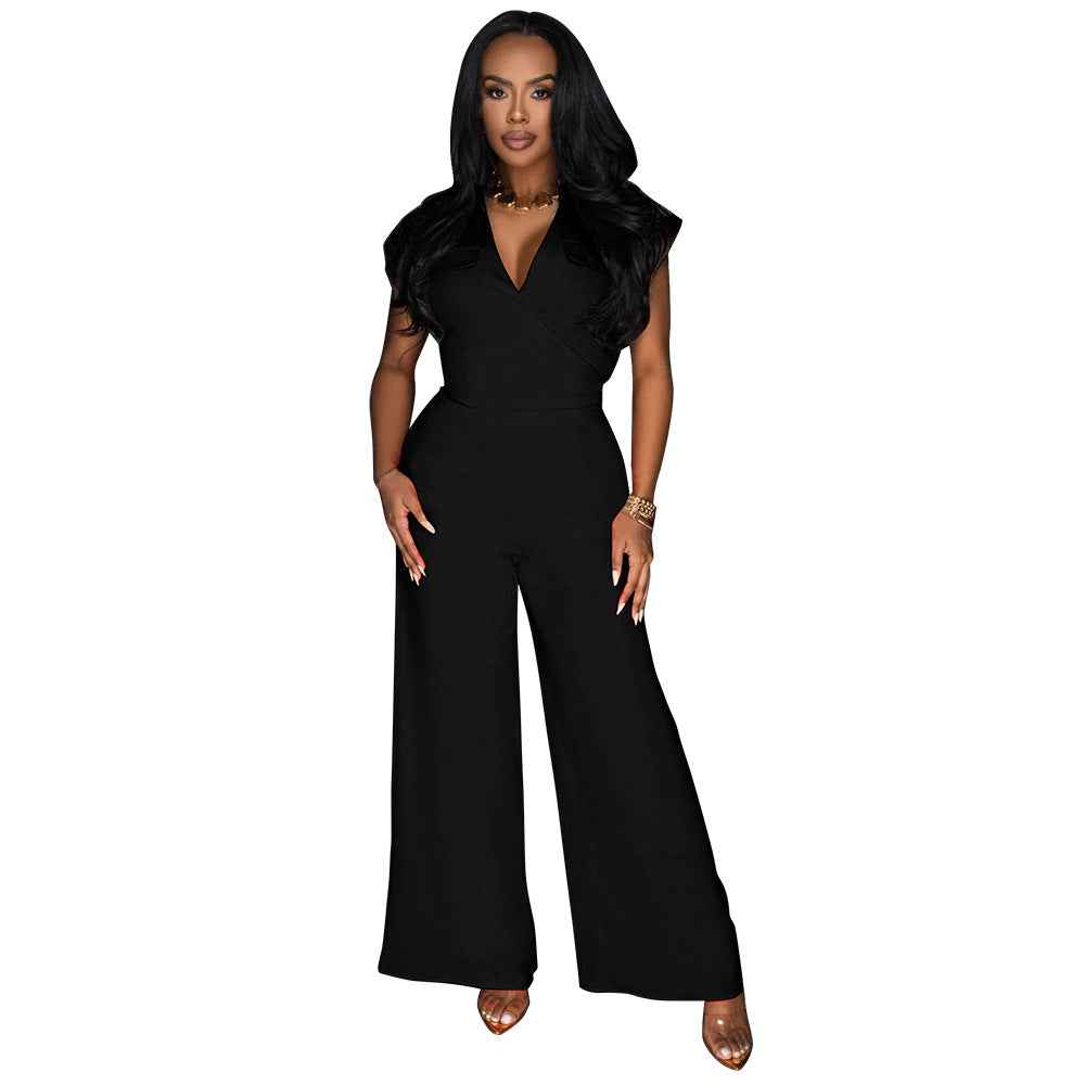 Women Solid Color Sleeveless V neck Wide Leg Jumpsuit