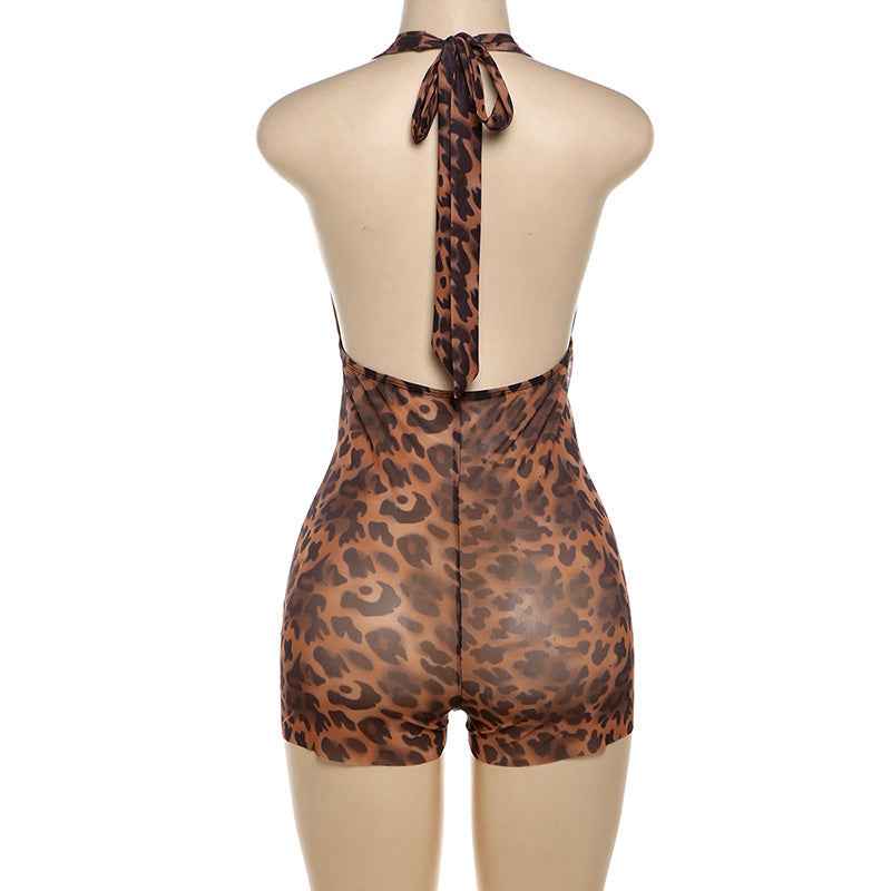 Summer Style Women's Sexy Deep V Plunge Backless Halter Butt Lifting Leopard Print Romper