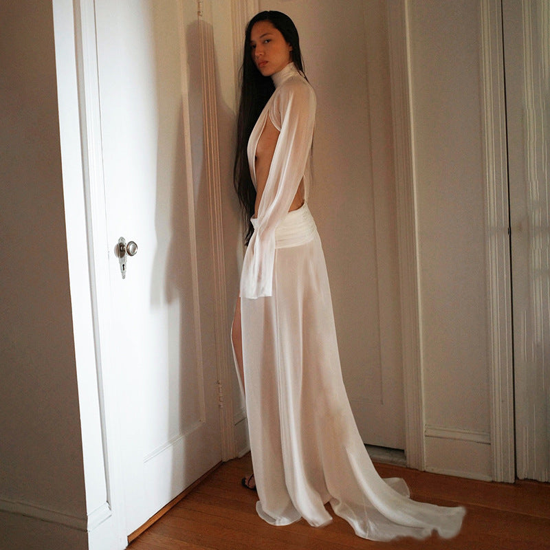 See through Turtle Bell Sleeve Split Skirt Set
