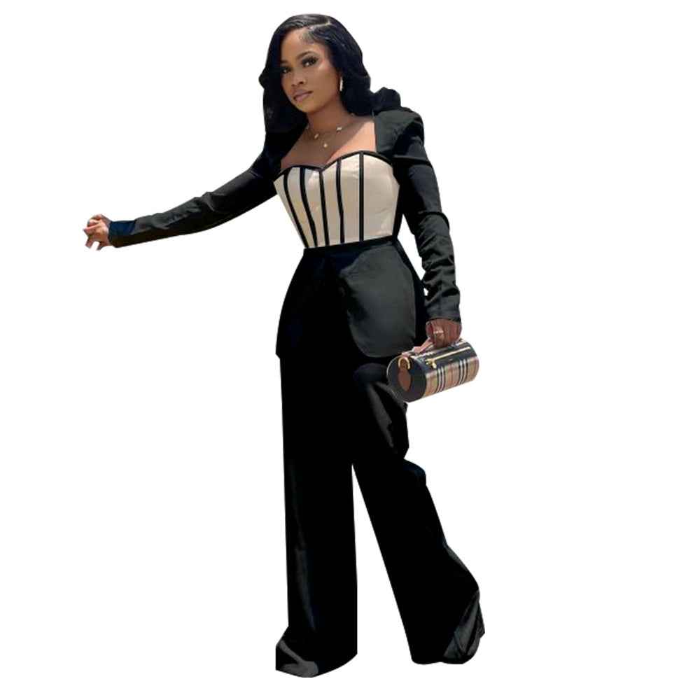 Sexy Waist Trimming Color Contrast Patchwork Jumpsuit