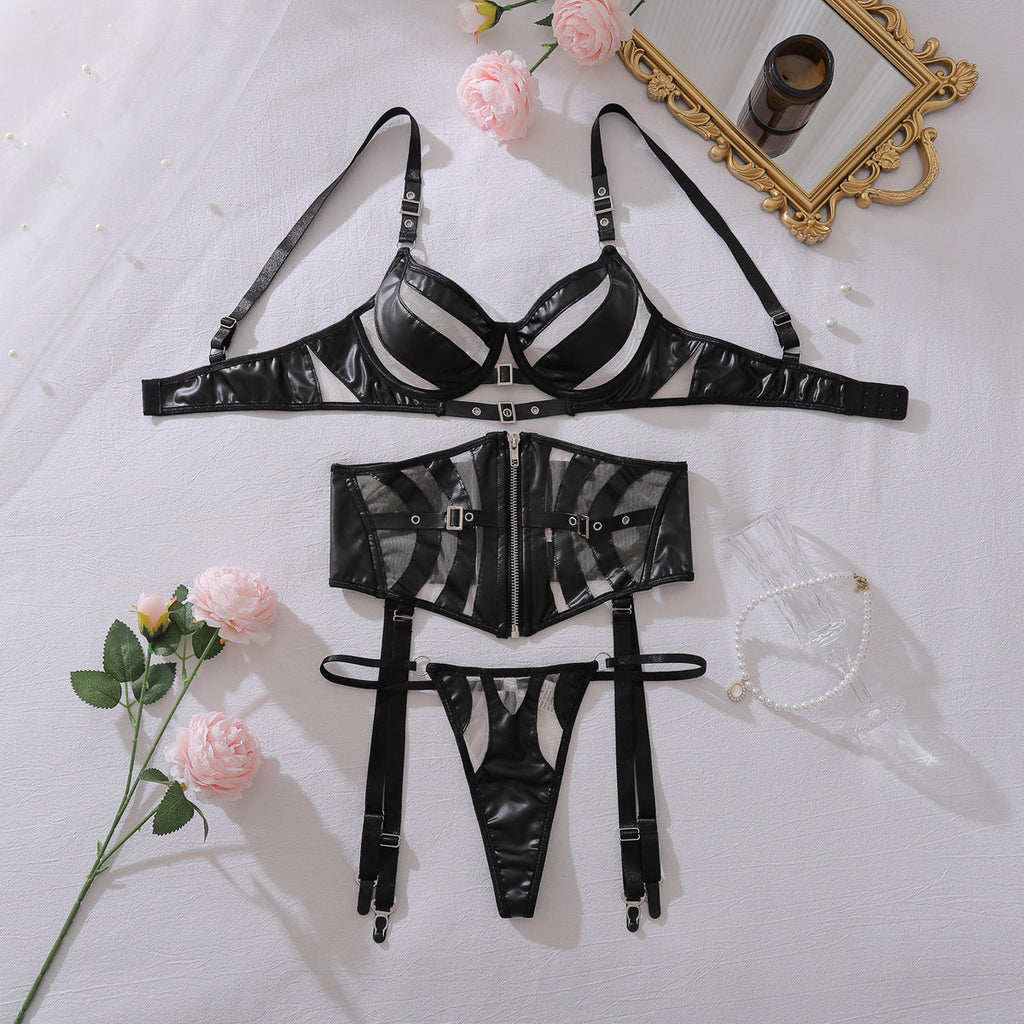 PU Leather Stitching Mesh Lingerie Three Piece Set