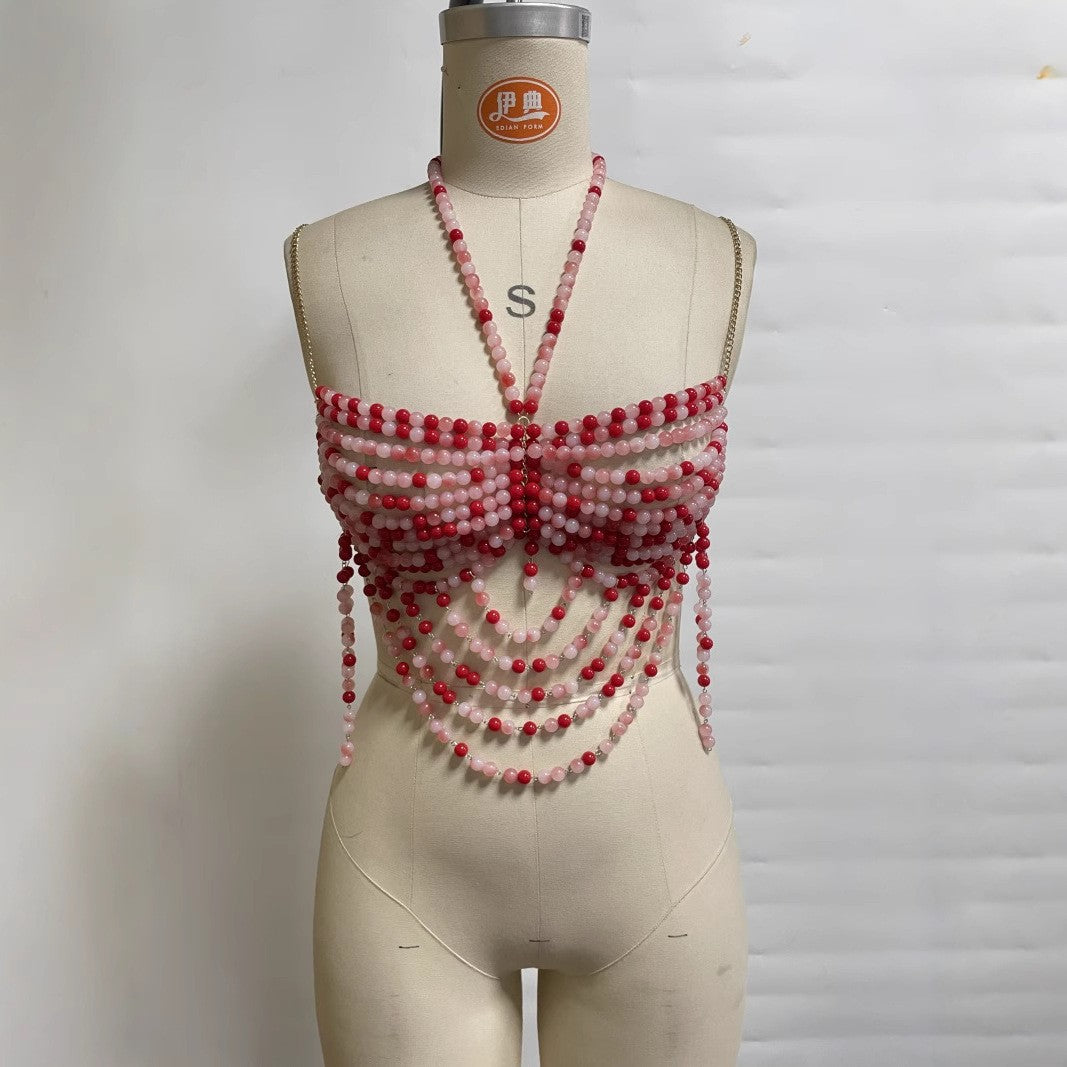 Multi Layer Pearl Halter Out Camisole T-shirt