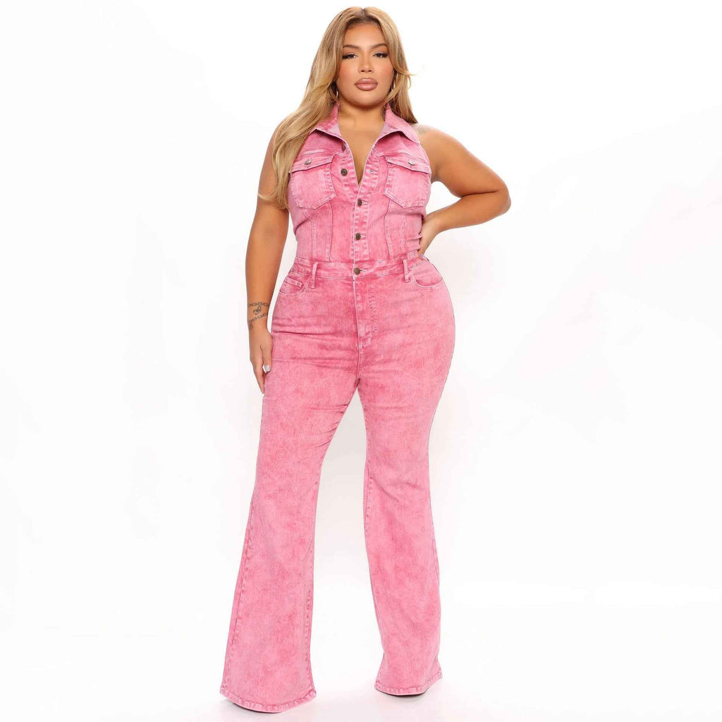 Denim Sexy Backless Collared Jumpsuit