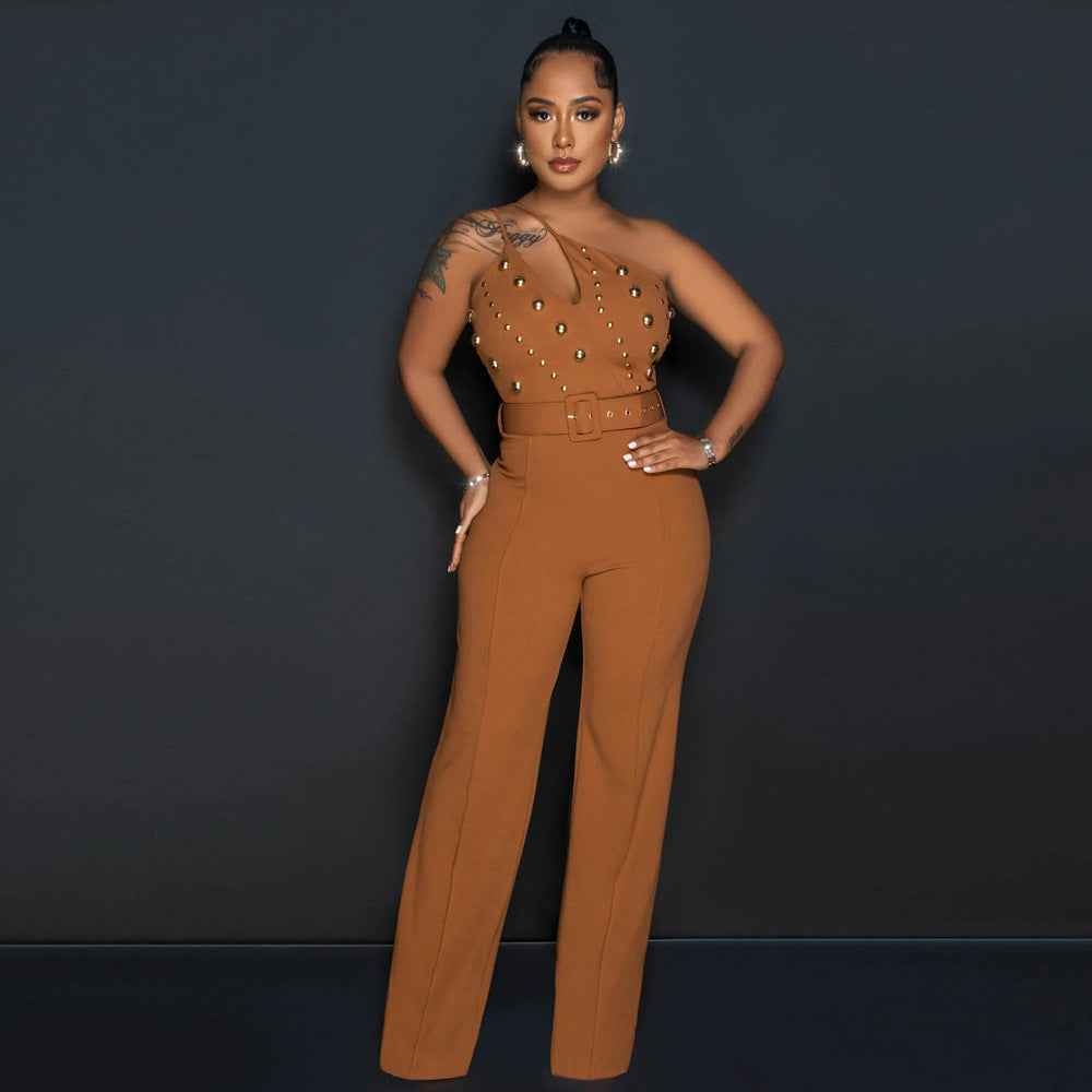 Elegant Solid Color Jumpsuit Slim Fit One Shoulder