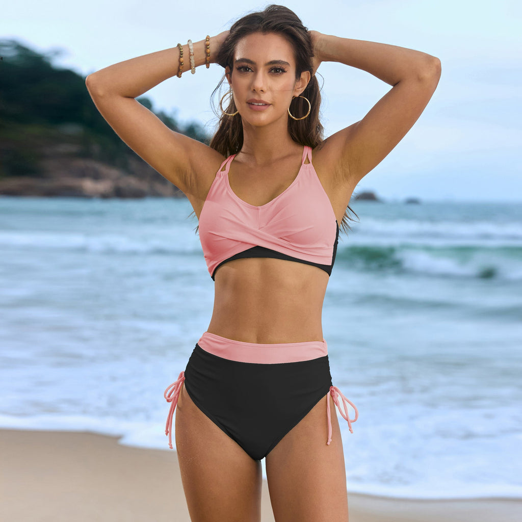 Swimsuit Solid Color Stitching Lace Cross Bag Swimsuit Women Split Bikini