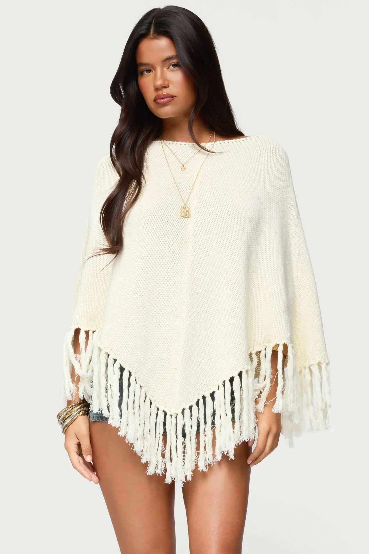 Solid Color Shawl Tassel Sweater