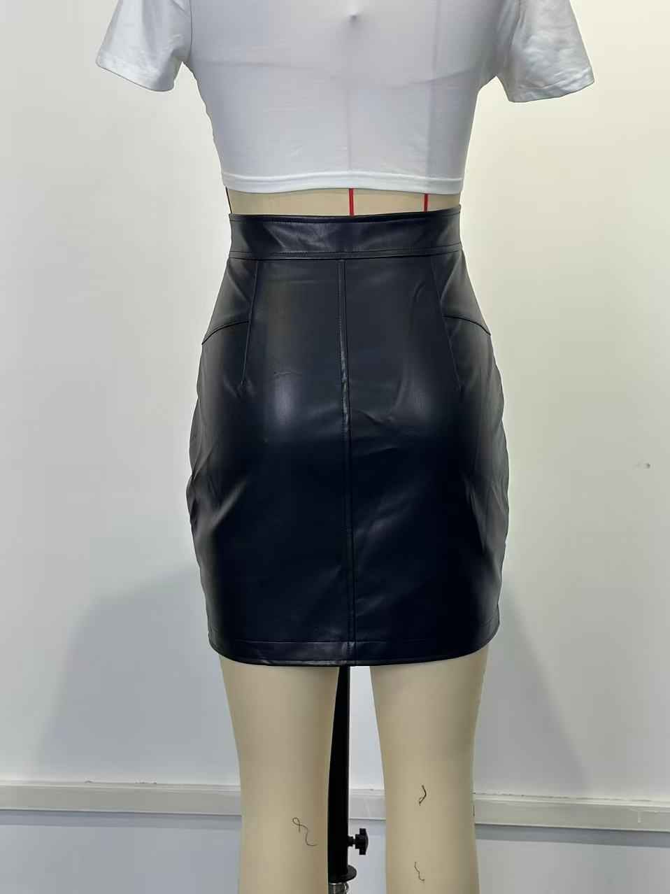 Sexy Slim Fit Zipper Stitching Faux Leather Hip Skirt