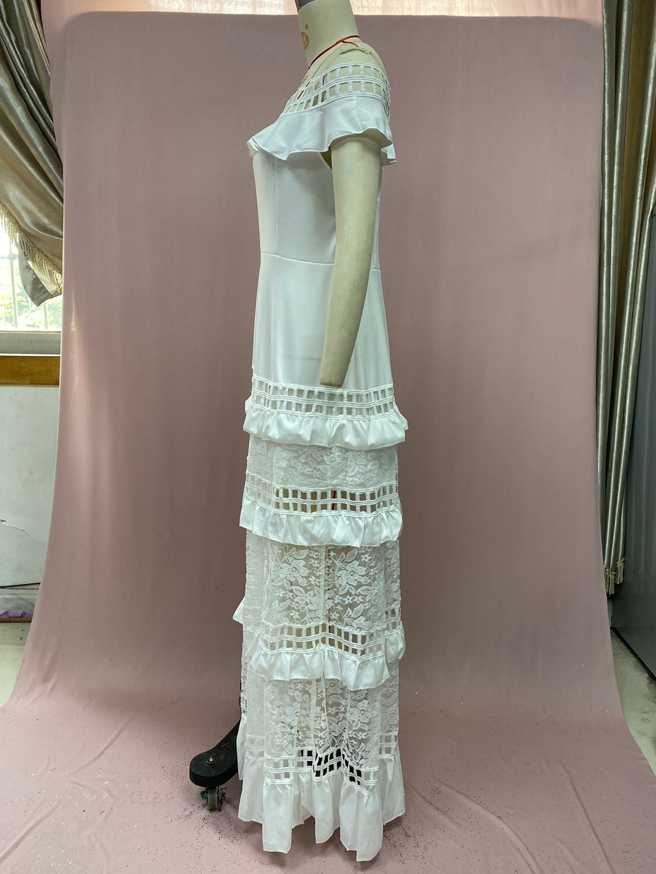Ruffled Hollow Out Cutout Wide Hem Lace Long Dress