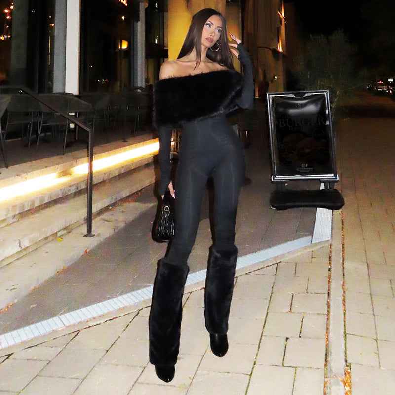 Sexy off the Shoulder Furry Slim Fit Patchwork Jumpsuit