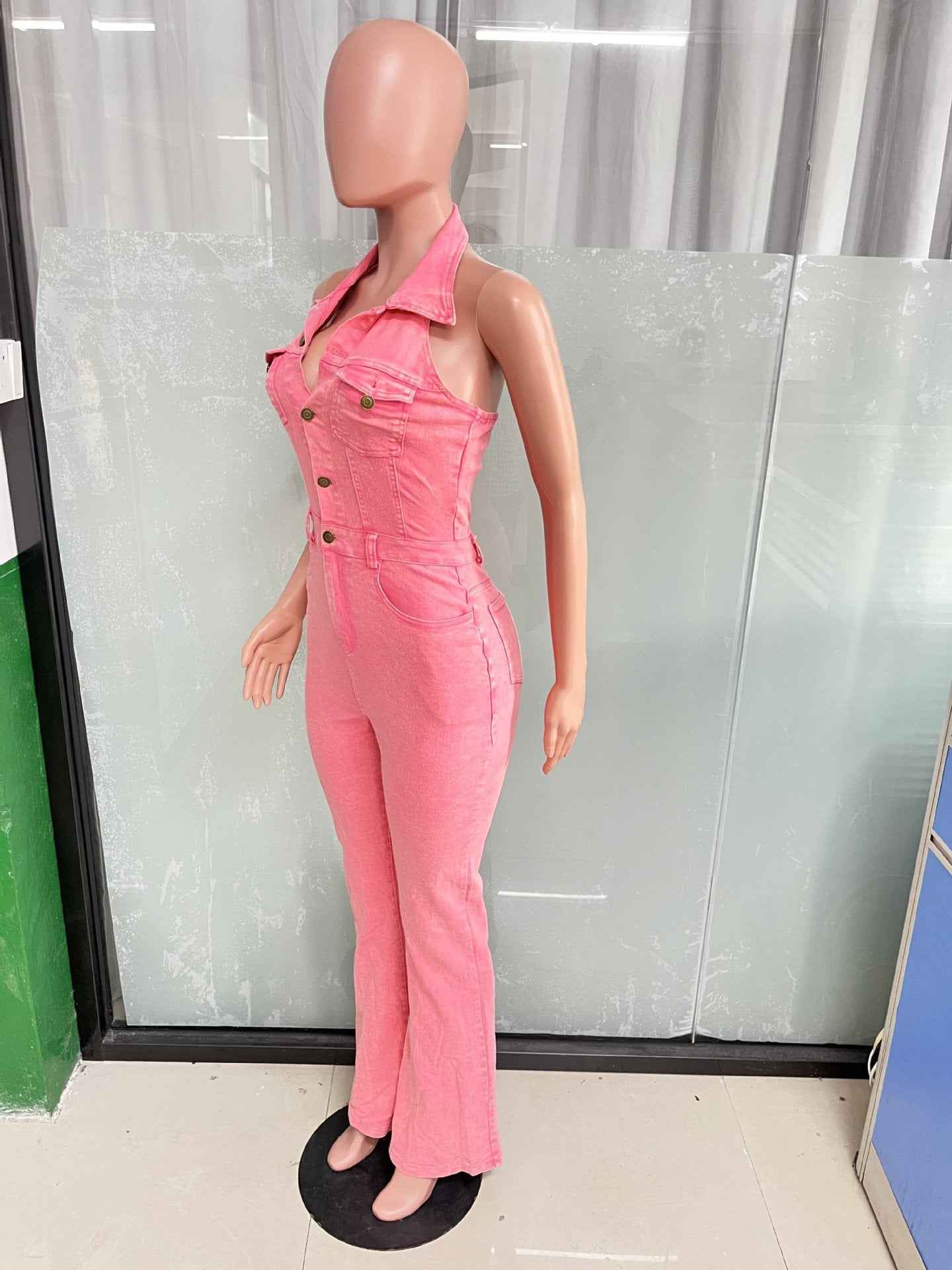 Denim Sexy Backless Collared Jumpsuit
