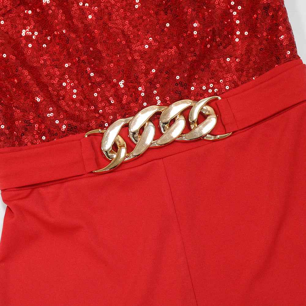 Shoulder Sleeve Sequin Stitching Jumpsuit