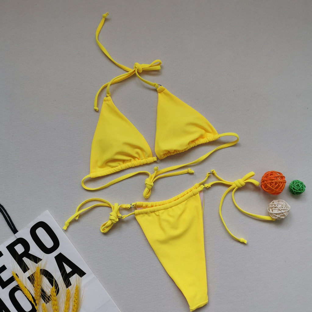Sexy Triangle Soft Bag Drawstring Bikini Strap Backless Lace Up Swimsuit Women