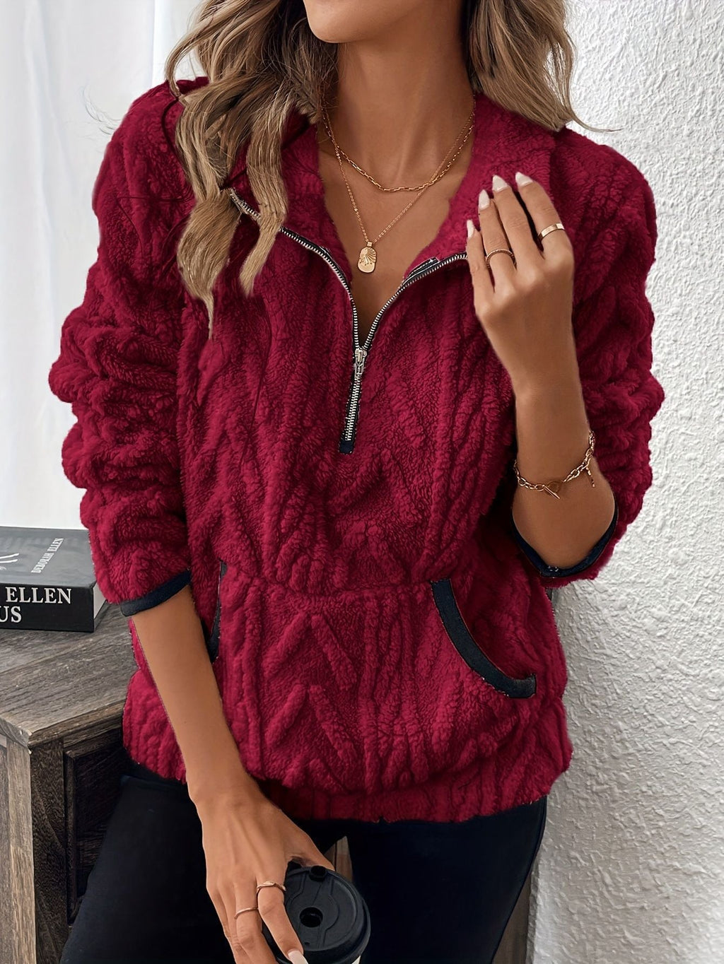 Autumn Winter Collared Classic Jacquard Half Zipper Plush Pocket Short Sweater