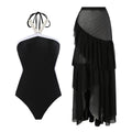 Lonkey Swimsuit Two Piece Solid Color Transparent Mesh Flying Edge Skirt Swimsuit
