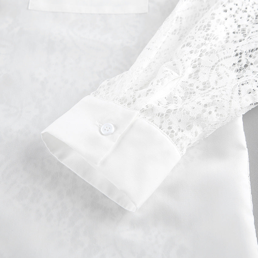Lace Stitching Hollow Out Long Sleeve Collared Blouse