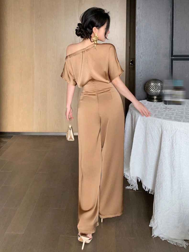Satin Jumpsuit for Women Elegant Asymmetric