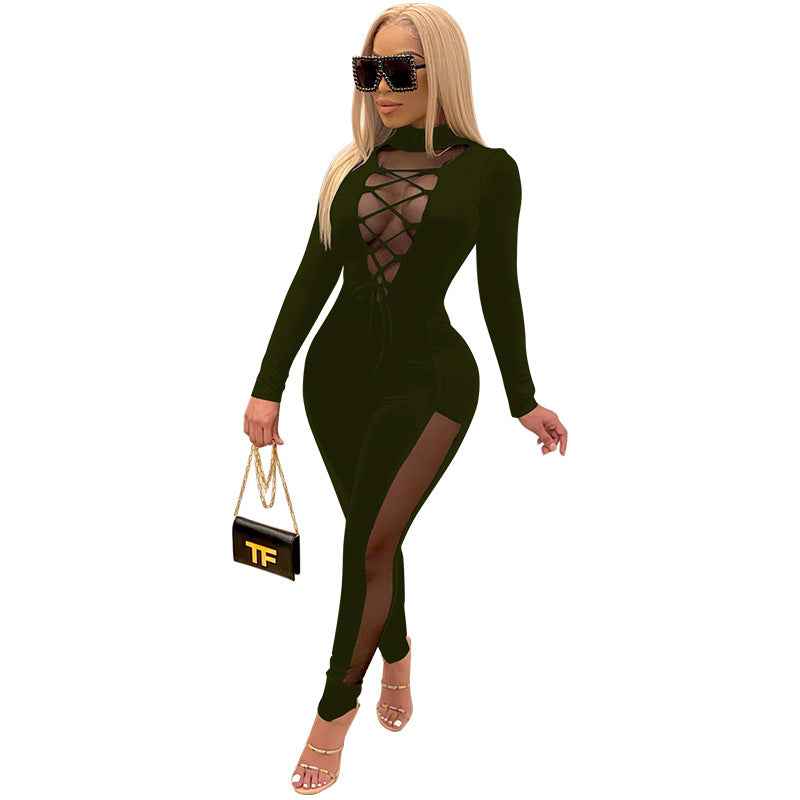 Sexy Lace Up Stitching See Through Long Sleeve Jumpsuit