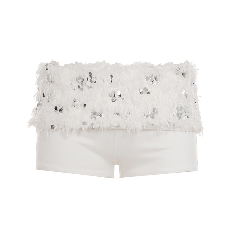 White Sequined Furry Bottoms Set