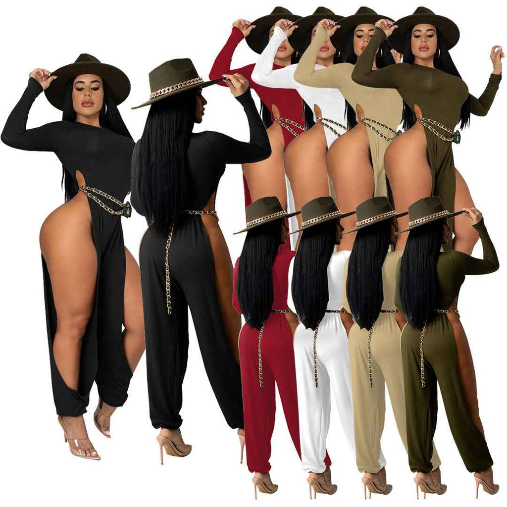 Sexy Open-Leg Jumpsuit Solid Color
