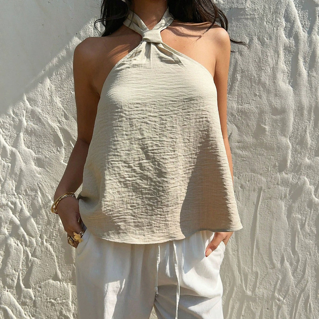 Summer Halter Spaghetti Strap Twisted Backless T-shirt
