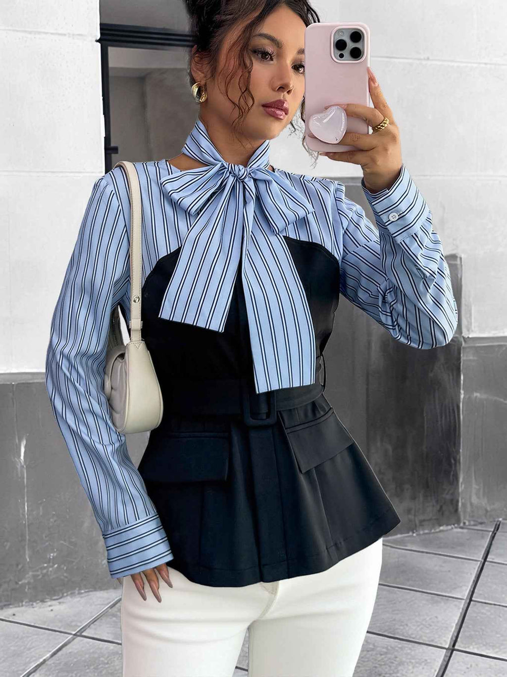 Striped Stitching Elegant Blouse False Two Piece Set