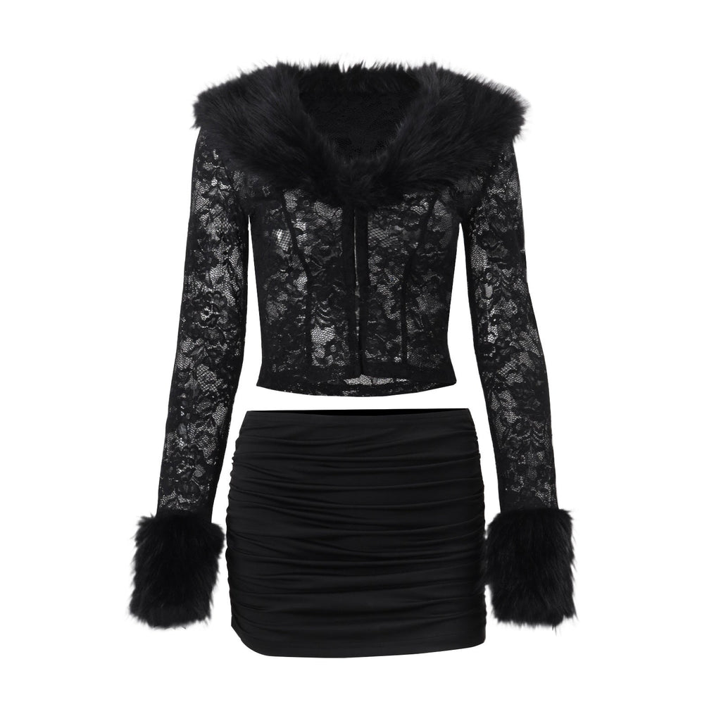 Lace Plush Long Sleeved Skirt Set