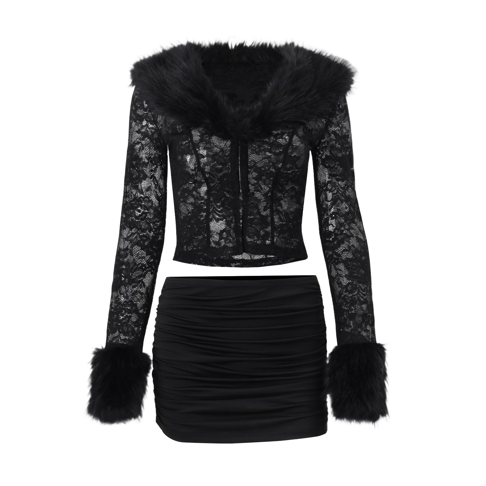 Lace Plush Long Sleeved Skirt Set