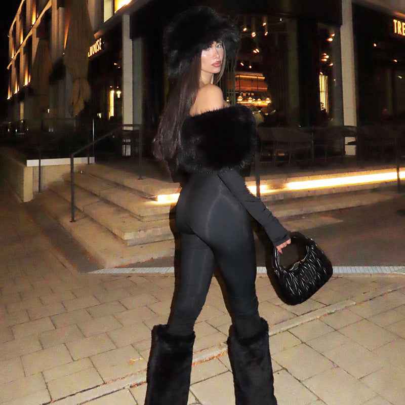 Sexy off the Shoulder Furry Slim Fit Patchwork Jumpsuit