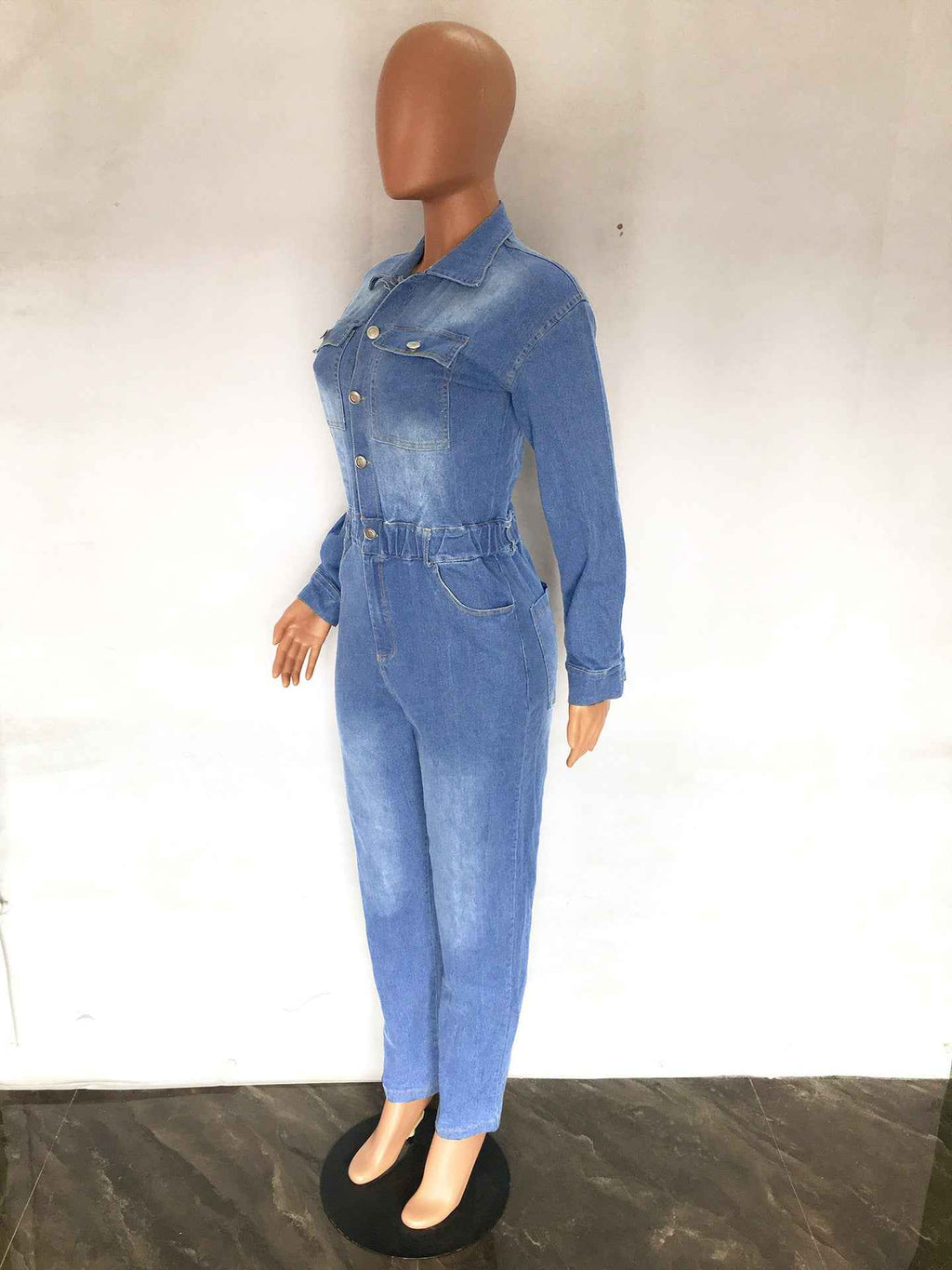 Women's Slim Elastic Band Washed Denim Jumpsuit