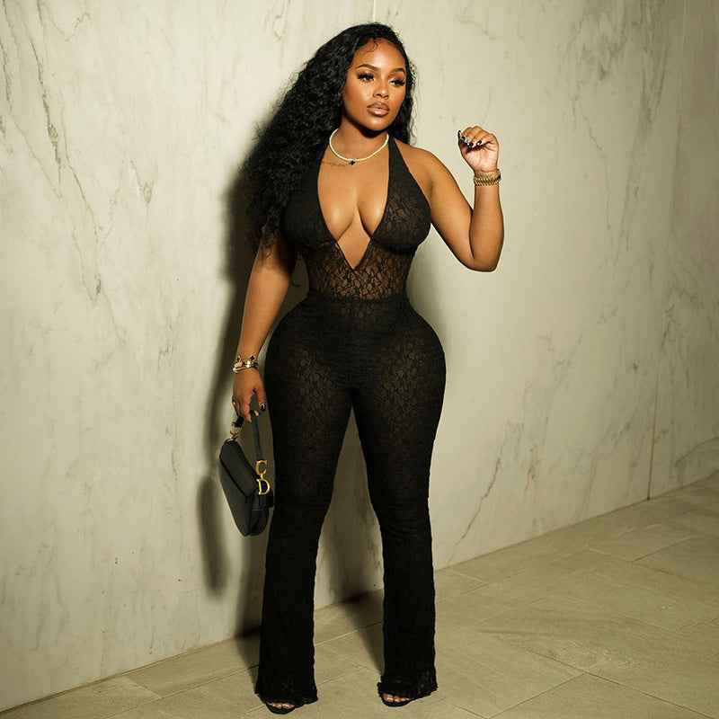 See Through Lace Up Backless Jumpsuit