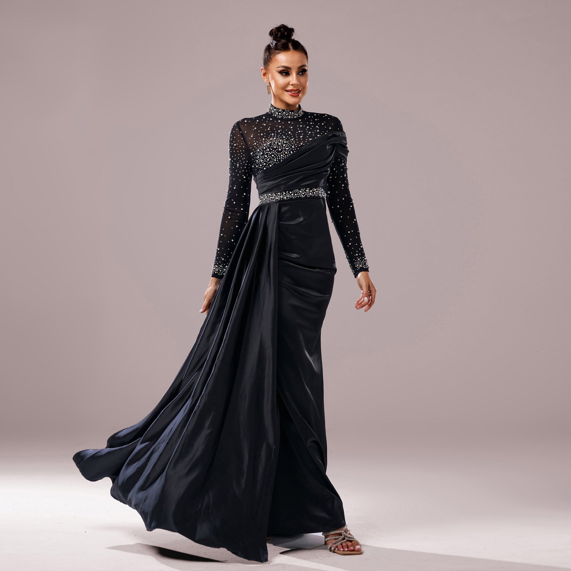 Women Clothing Long leeved round Neck Slim Fit Sheath Sequined Cocktail Fishtail Evening Dress