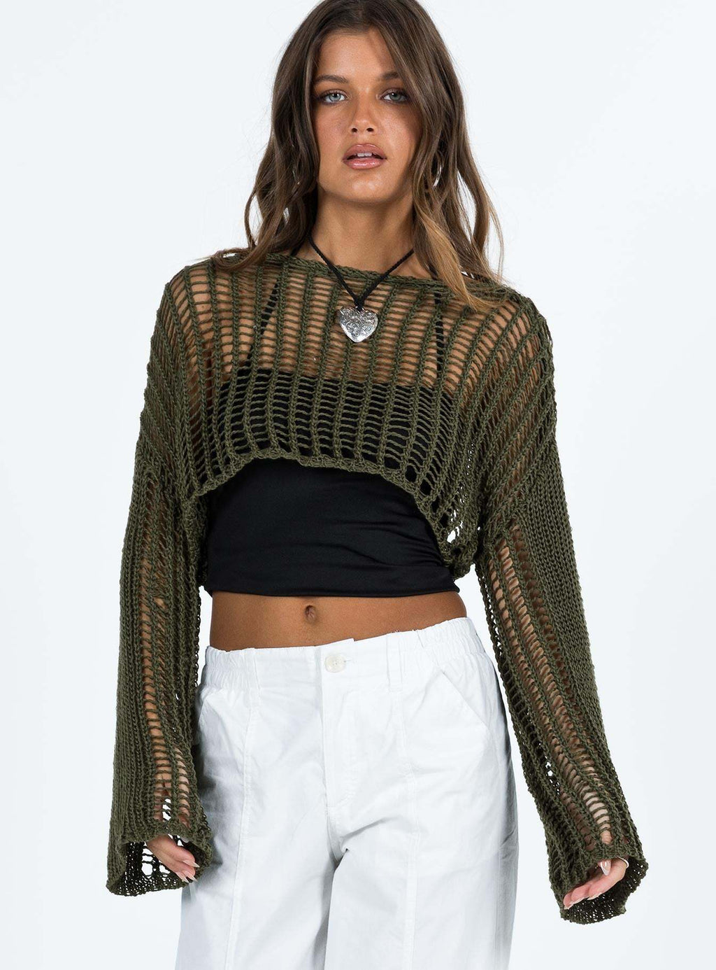 Women Clothing Summer Crew Neck Long Sleeve Sun Protective Blouse Hollow Out Cutout out Short Sexy Cropped Knitted Sweater Women