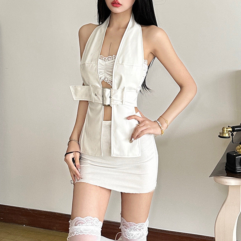 Women's Solid Color Slim Tube Top Fashion Halter Skirt Two-piece Set
