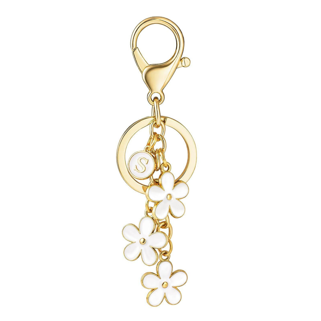 Initial Keychain White/Pink Flower Charms for Key Cute Letter Keyring Bag Charm 26 Letter Flower Cherry Blossom Daisy Keychain