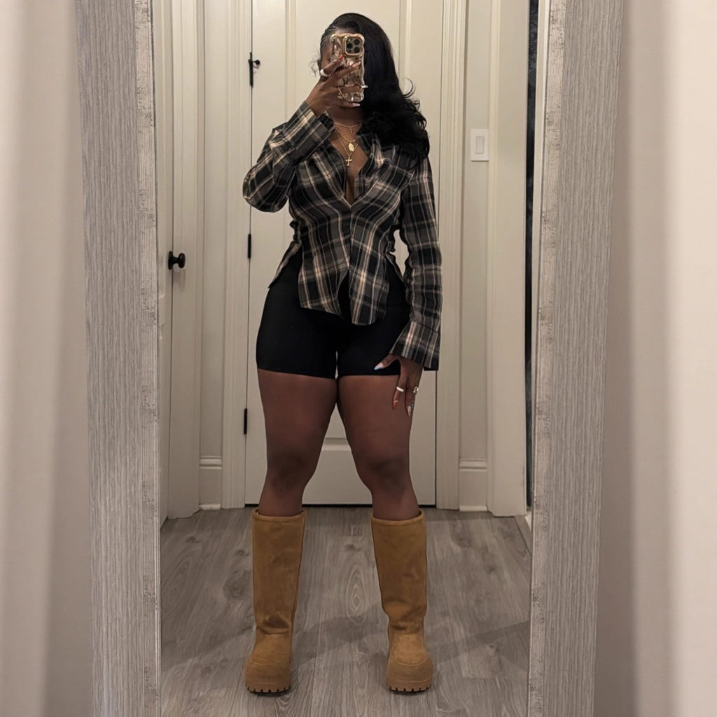 Plaid Long Sleeved Collared Blouse