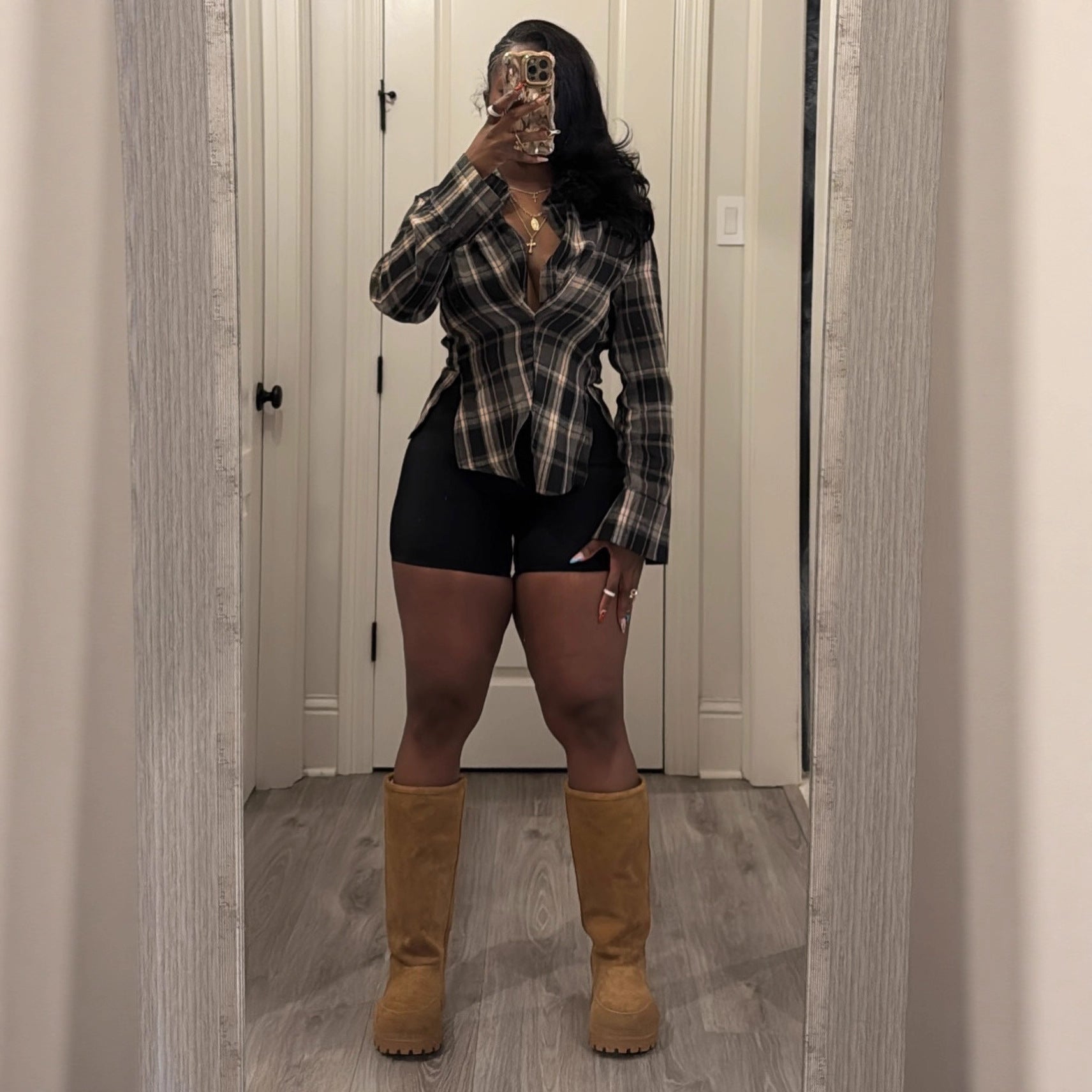 Plaid Long Sleeved Collared Blouse