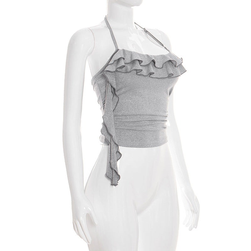 Spring Solid Color Ruffles Tank T-shirt