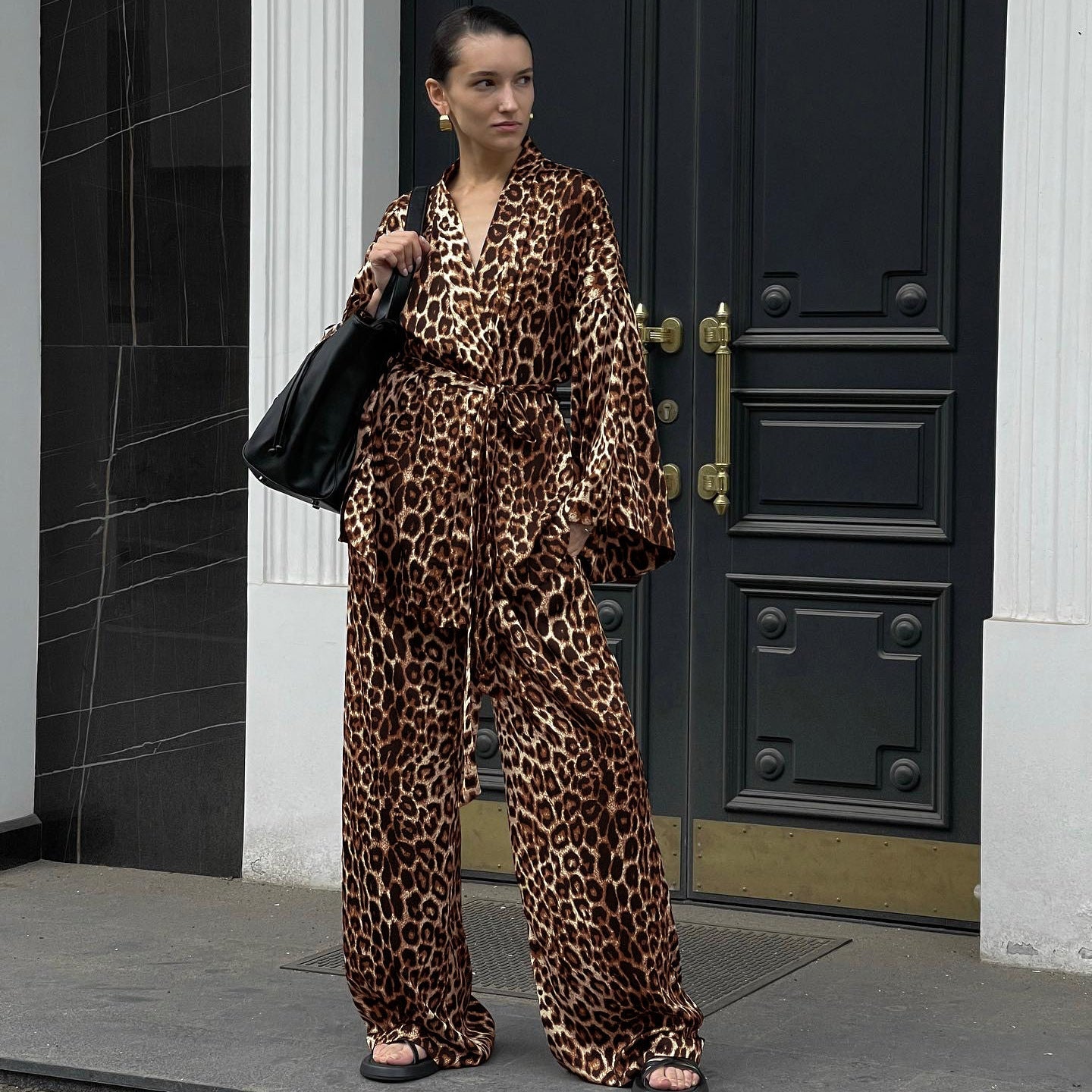 Women's Leopard Print Long-sleeved Jumpsuit Two-piece Set