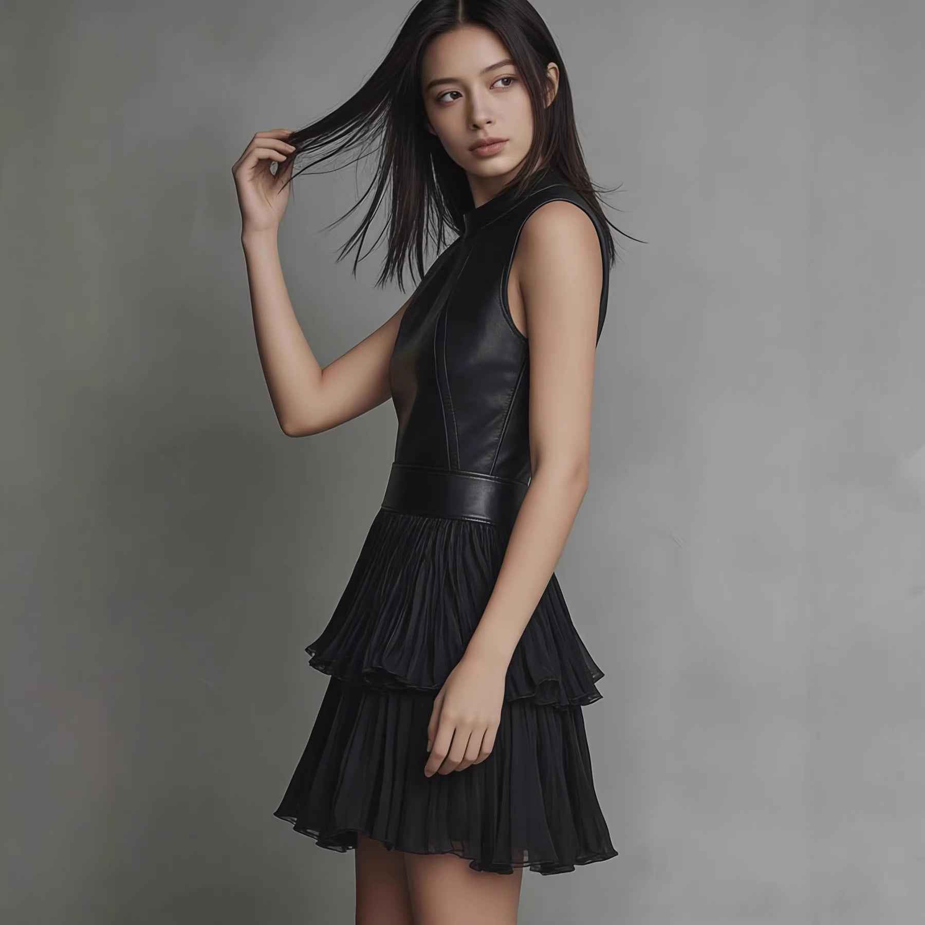Elegant Double Layer Pleated Ruffled Dress
