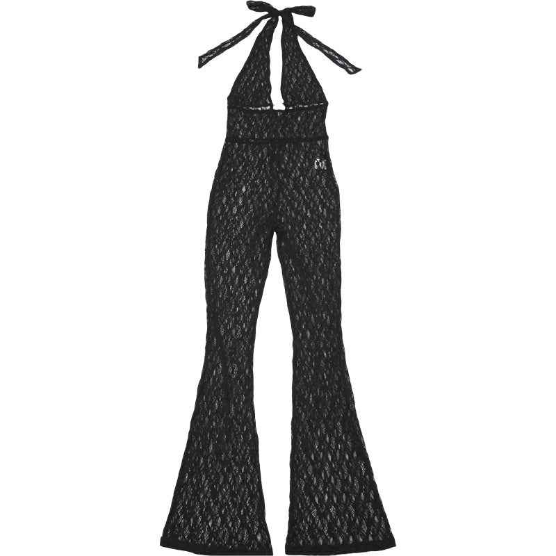 See Through Lace Up Backless Jumpsuit