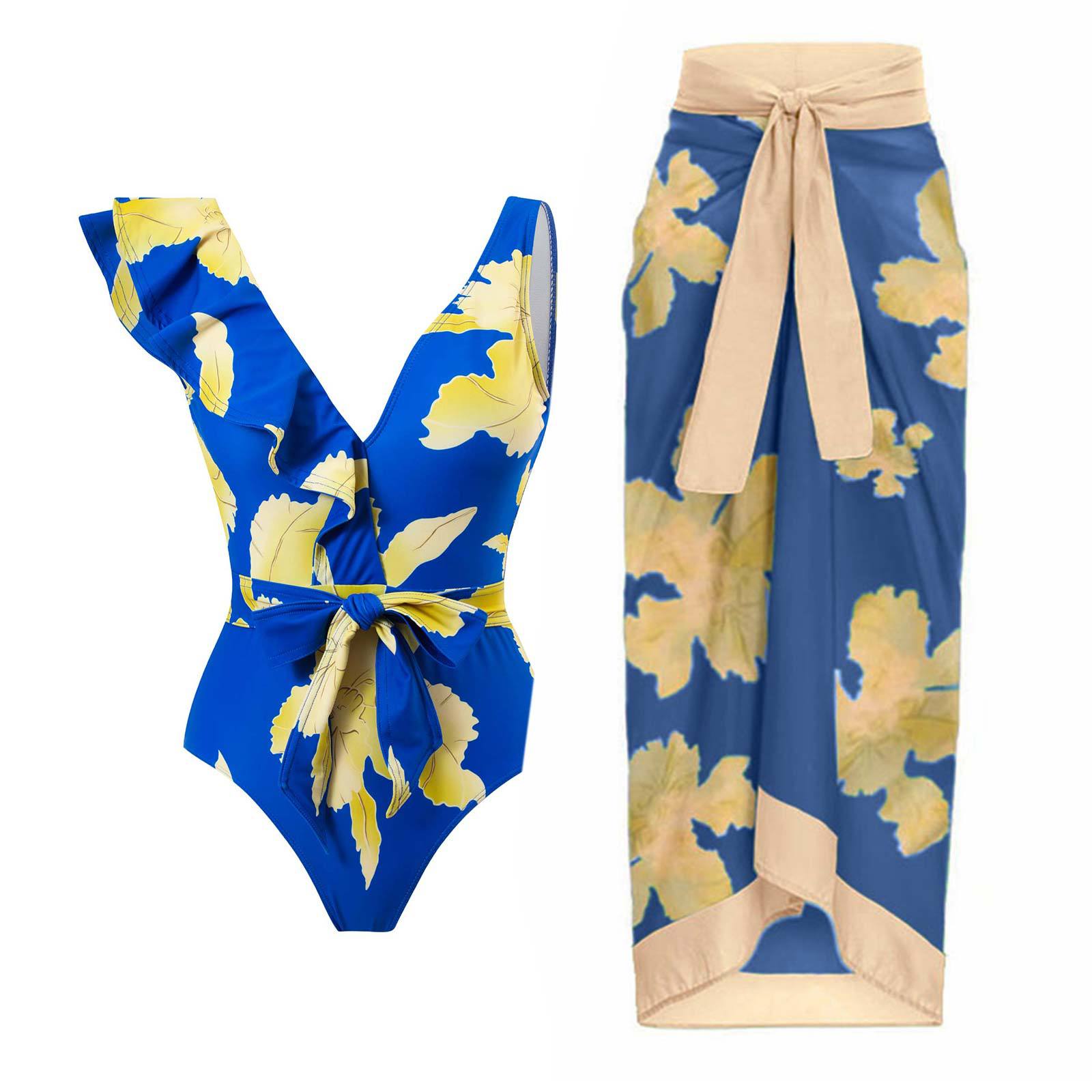 Sexy Swimsuit Women Vintage Ruffled Swimsuit Bikini Chiffon Beach Skirt Set