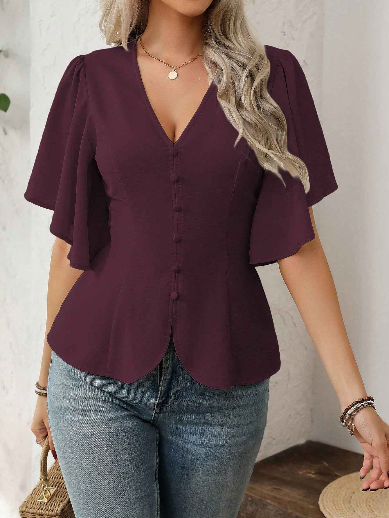 Elegant Solid Color Blouse